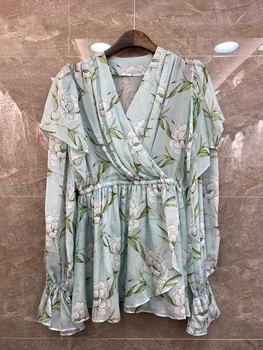 

2020 Spring and Summer New Women's V-neck Ruffle Printing Decoration Speaker Long Sleeve All-match Top 405