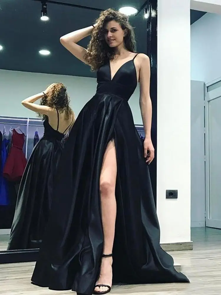 gold prom dress Simple V Neck A Line Evening Dresses 2021 Spaghetti Straps Side Split Backless Stain Long Evening Party Gowns Robe De Soirée vintage prom dresses Prom Dresses