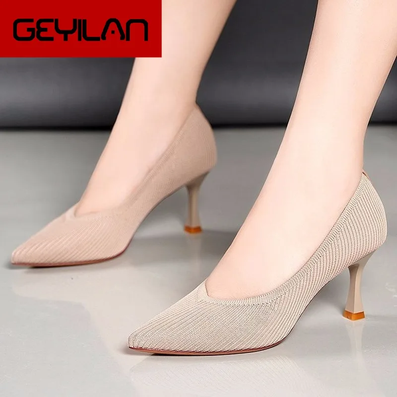 

2020 Spring Summer Women Shoes Comfort Pointed Toe Pumps High Heels Slip on Female Casual Shoes Solid Knitting Sexy Ladies Shoes