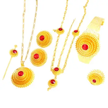 

Ethiopian Gold Color Hair Piece Pendant Chain Earings Ring Hair Pin Bracelet Eritrea Habesha Women Wedding Jewelry Set