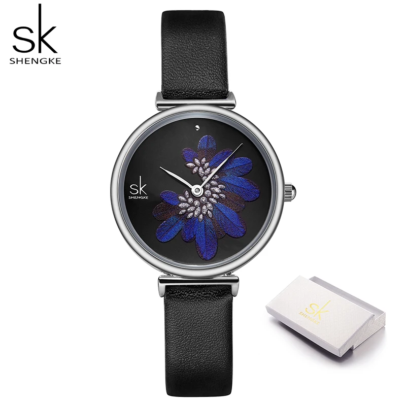 Shengke Новые элегантные женские часы Роскошные с синими перьями 3D принт уникальный стиль Montre Femme с кожаным ремешком японские кварцевые часы - Цвет: Black with box