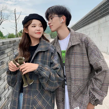 

Winter New Woolen Jacket Men Fashion Retro Casual Couple Plaid Jacket Man Streetwear Hip Hop Loose Bomber Jacket Male Clothes