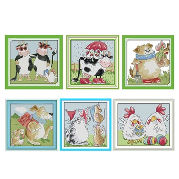 

Stamped Cross Stitch Kit Joy Sunday Cows and Chicken Pattern 14CT 11CT Print Counted Handmade Embroidery Needlework Accessories