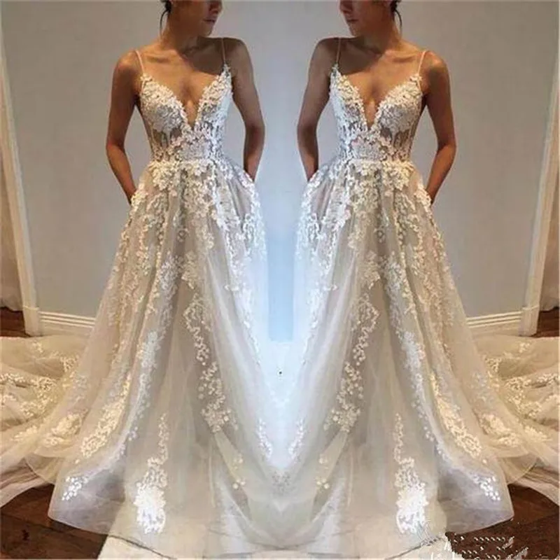 Кружевное платье Boho свадебный наряд 2020 на тонких бретелях с v-образным вырезом Свадебные платья Пляжная обувь под свадебное платье для