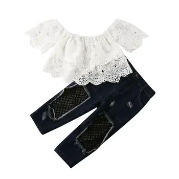

2PCS sweet girls set Toddler Baby Girl Lace Off Shoulder Floral white crop Tops Ripped Jeans Denim Pants Outfits Clothes