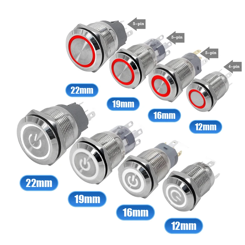 12/16/19/22mm metal push button switch ring lamp power symbol Waterproof LED light self-lock self-reset button 5v 12v 220v red