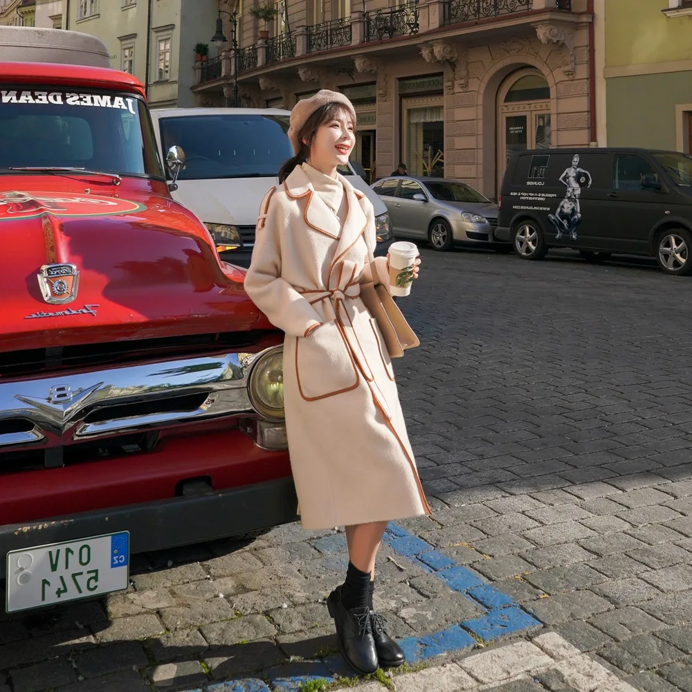 

Photo Shoot Mixed Colors Covered Edge Woolen Jacket Women's 2019 Autumn And Winter New Style Retro Hepburn Wind Large Lapel Wais