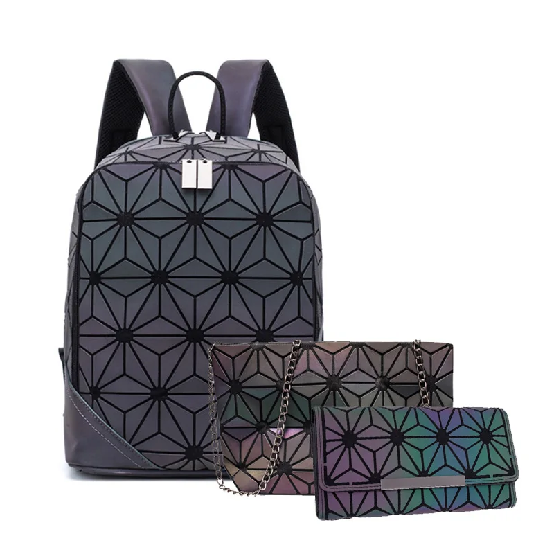 Женский рюкзак светящийся геометрический клетчатый мужской рюкзак для девочек-подростков рюкзак сумка голографический рюкзак школьный рюкзак Mochila sac a do - Цвет: Backpack B 3 pcs B