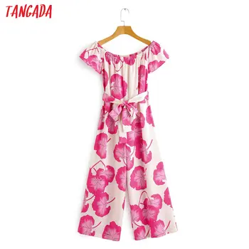 

Tangada Women summer pink print shoulder off jumpsuit with slash short Sleeve female holiday beach Jumpsuit 1F89