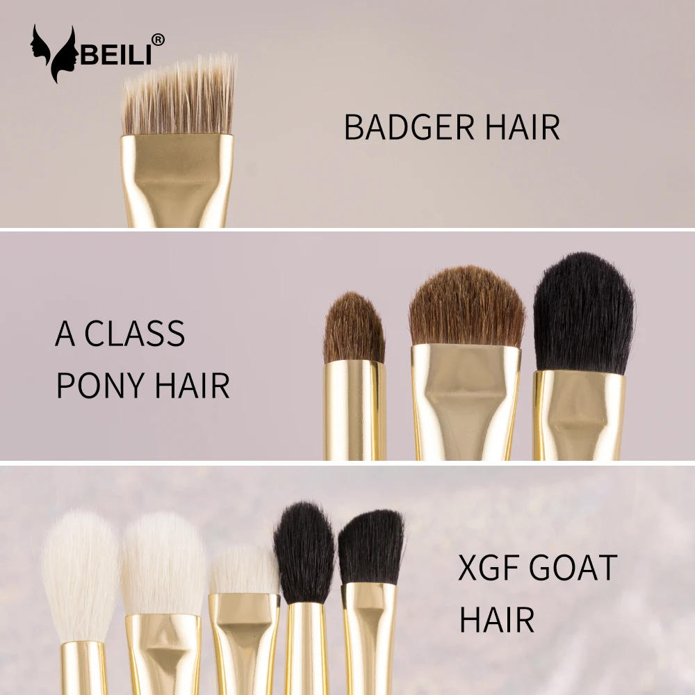 BEILI Luxury 9 pieces Natural goat hair Pony badger white Professional Makeup brush set Eye define Smoky shade gold eye | Красота и