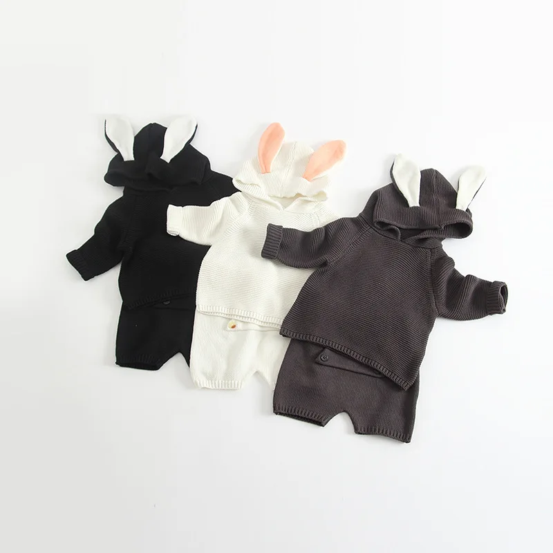 

Spring Baby Girl Clothes Rabbits Ears Autumn Baby Boy Sweaters Short Pants 2piece Hooded Knitted Pullovers Toddlers Kids Outfits