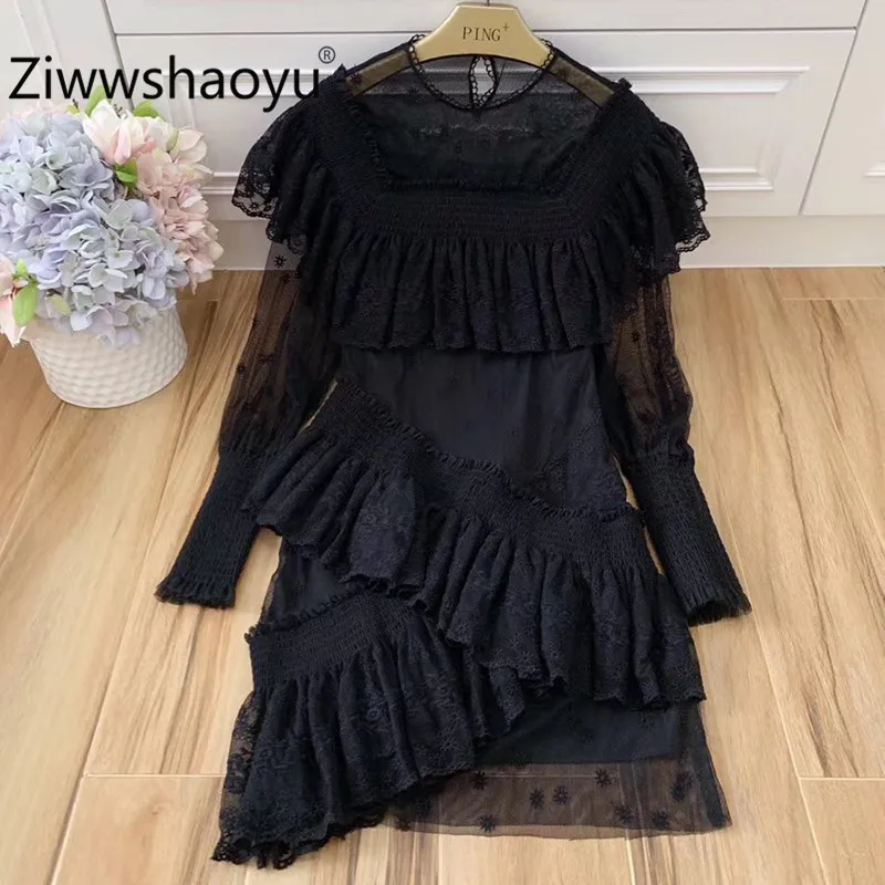

Ziwwshaoyu 2019 Runway Boho Woemn's Mesh Mini Dresses Exquisite Embroidery irregular Party Dress