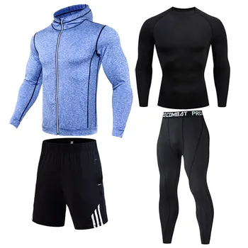 

New Running suit 4 piece Combination set Compressed fitness clothing T-shirt leggings sports Shorts hoodie Men's sports suit 4xl