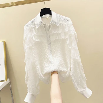 

Lace Stitching Diamond Ruffle Flocked Chiffon Shirt Women's 2020 Spring and Autumn Long Sleeve Chiffon Blouse White Tops Blusas