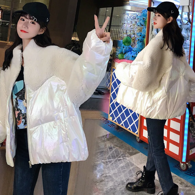

Photo Shoot 2019 Winter Lambs Wool Short down Jacket Fur ke li rong Joint Cotton Coat Student Coat