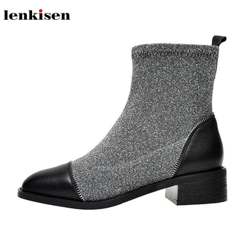 

Lenkisen chic patchwork cow leather knitting stretch boots round toe med heels mixed colors warm winter women ankle boots L53