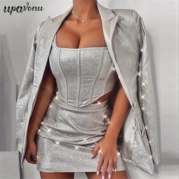 

UpAvonu 2020 New Fashion Women's Set Shiny Silver Two-Piece Sexy Square Collar Tank Top and High Waist Mini Skirt Club Party Set