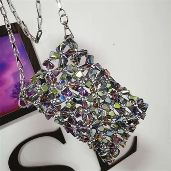 

New 2020 web celebrity with heavy industry chain crystal glass hollow out vertical crossbody bag mobile phone bag