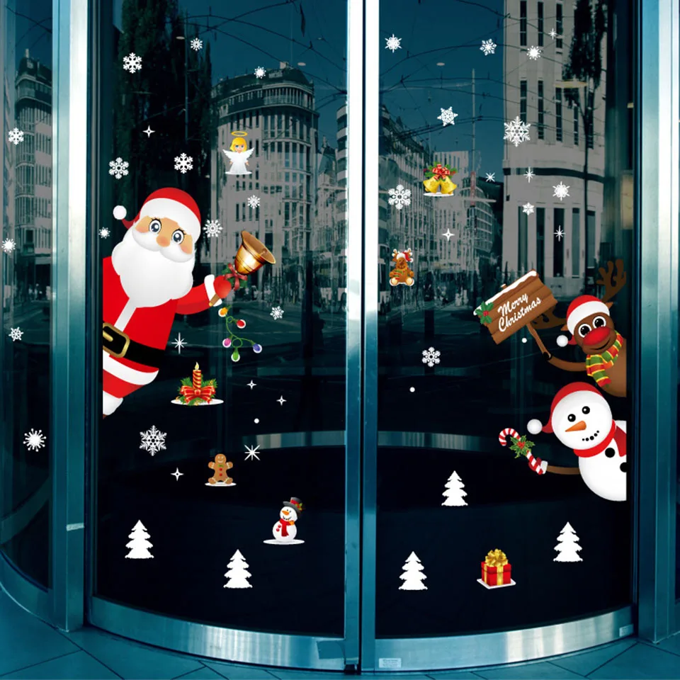 Tronzo Мультфильм рождественские наклейки для окна/двери Санта Клаус Снеговик домашний декор самоклеющиеся наклейки на стену Рождественский подарок