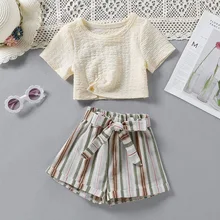 

2022 Summer New Arrival Baby Girls Clothes Pure Color T-shirt + Striped Shorts Two-piece Set Children's Cotton Casual Clothing