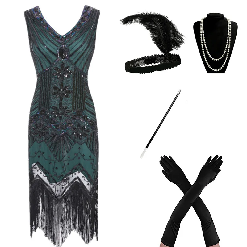 Günstige 1920s Flapper Kleid Great Gatsby Party Abend Pailletten Fransen Kleider Kleid