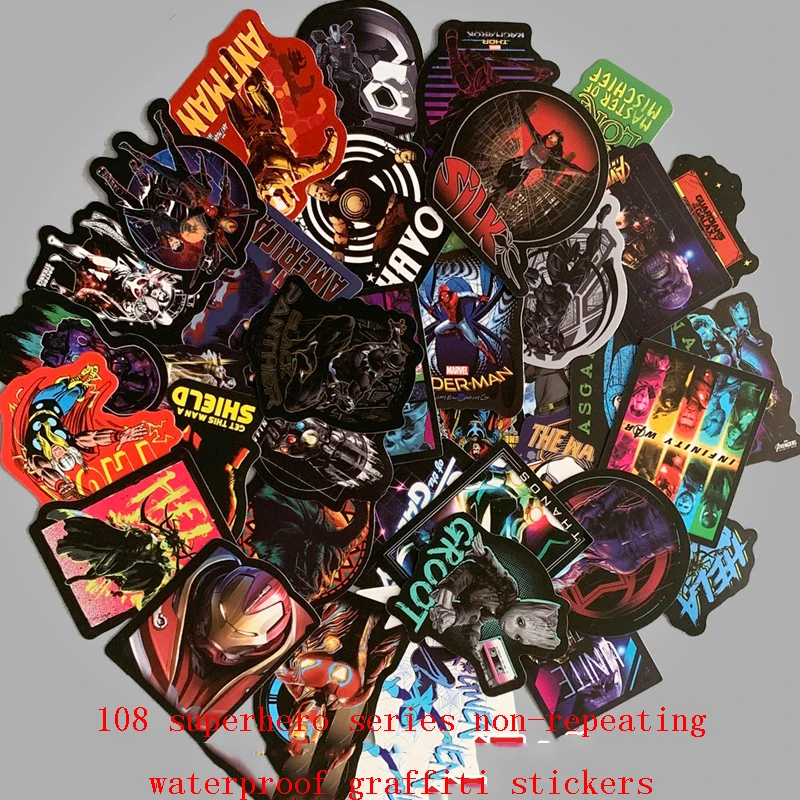 108 листов, не повторяющиеся наклейки серии супергероев Marvel, Железный человек, различные персонажи комиксов, граффити, автомобиль, телефон, компьютер, каракули