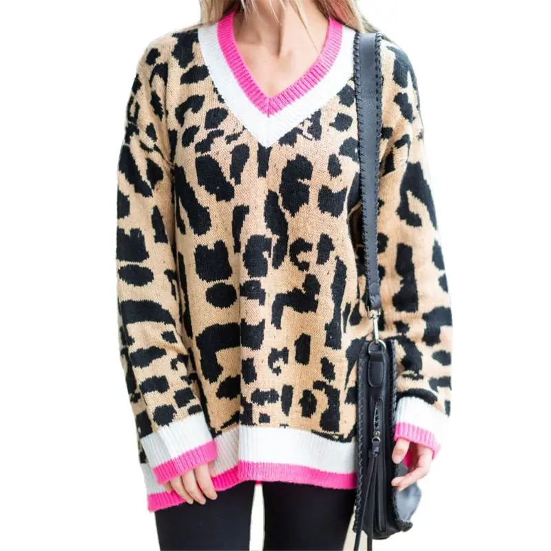 

2019 Autumn Women Loose Leopard Print Stiching Sweater Knitted Pullover V Neck Knit Sweater Oversized Jumpers