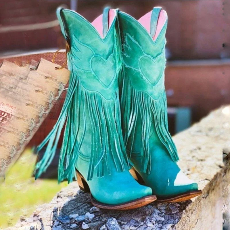 Litthing Boho/Женские Стильные теплые меховые ботинки на среднем каблуке в этническом стиле замшевые ботинки на низком каблуке зимняя вышитый ботинок с длинной бахромой