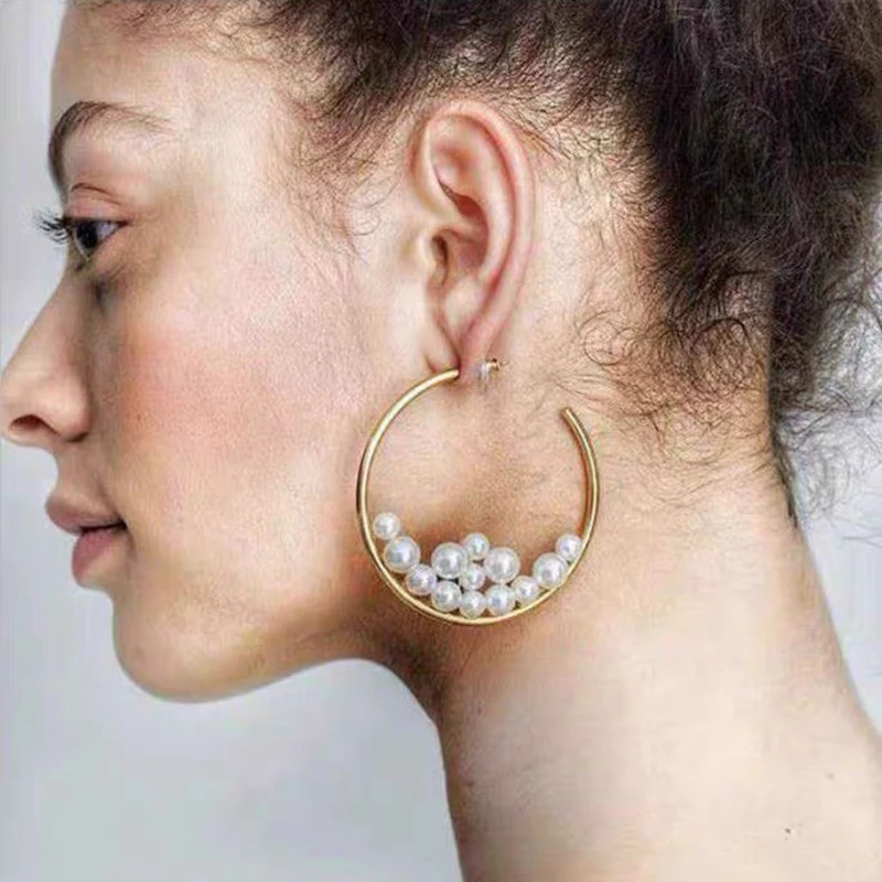 Женские крупные серьги кольца AENSOA круглые с жемчугом в корейском