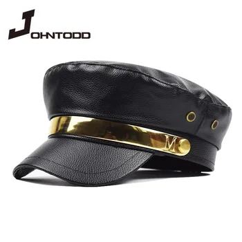 

PU leather military hat spring and summer wool sailor cap for women men men black flat top female travel student hat captain cap