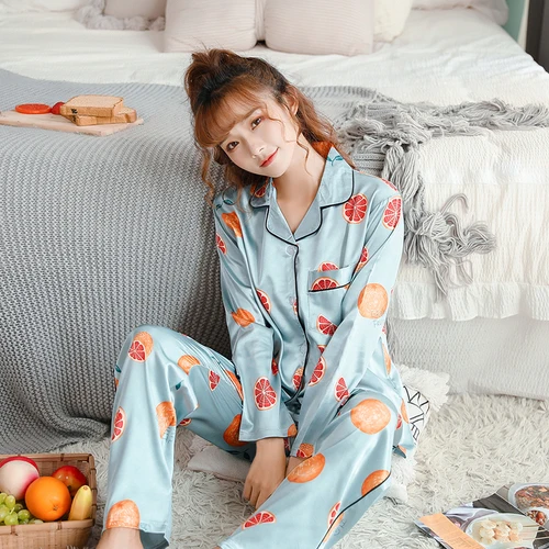 Женские пижамы шелковый атлас цветочный принт пижамные комплекты весна осень с длинным рукавом маленькие свежие пижамы Pijama Mujer Женская домашняя одежда - Цвет: C Q 294 lan