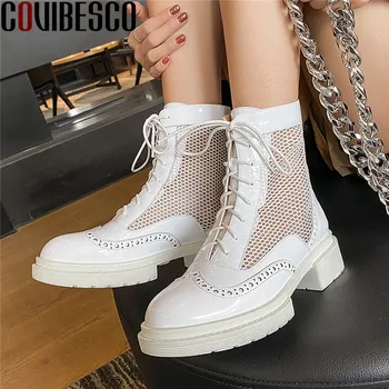 

COVIBESCO 2020 New Arrival Women's Summer Boots Patent Leather Cross Tied Thick Heels Shoes For Woman Party Basic Shoes Woman