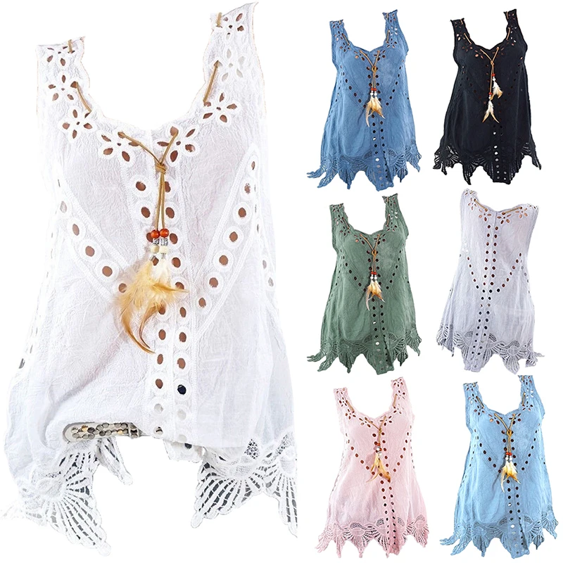

Heflashor 2019 Summer Linen Tops/Dorical Hollow Sleeveless Round Collar Tank Tops Long Vest Plus Sizes T-Shirt Retro Casual