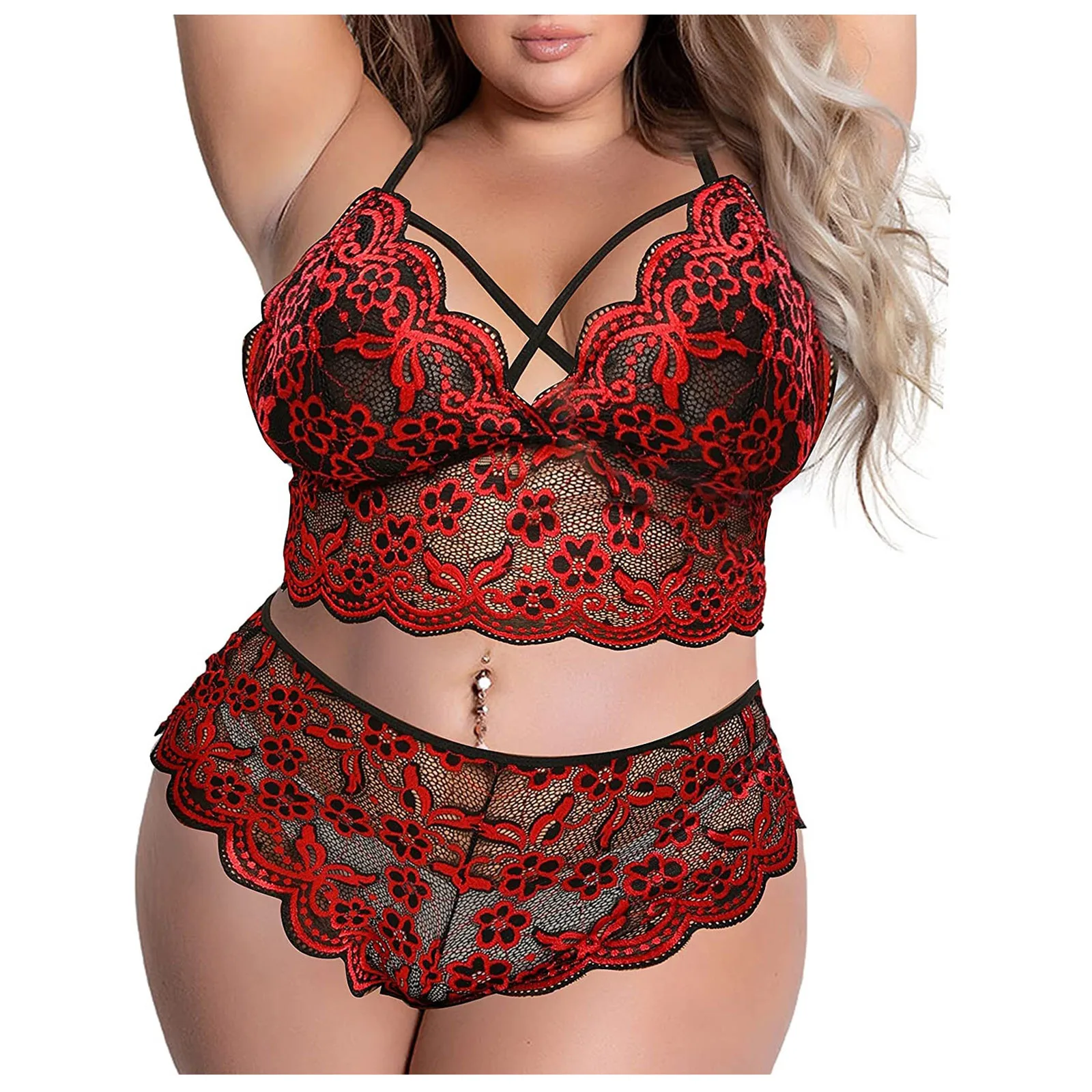 Frauen Plus Größe Unterwäsche Sexy Dessous Zurück Kreuz Bh Spitze Bralette 2 Stück Mesh Dessous Set Große größe Tiefe V bh_voghion.com