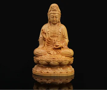 

3.9" China Box-wood Hand Carved Sit Lotus Kwan-yin Guan Yin Boddhisattva Statue