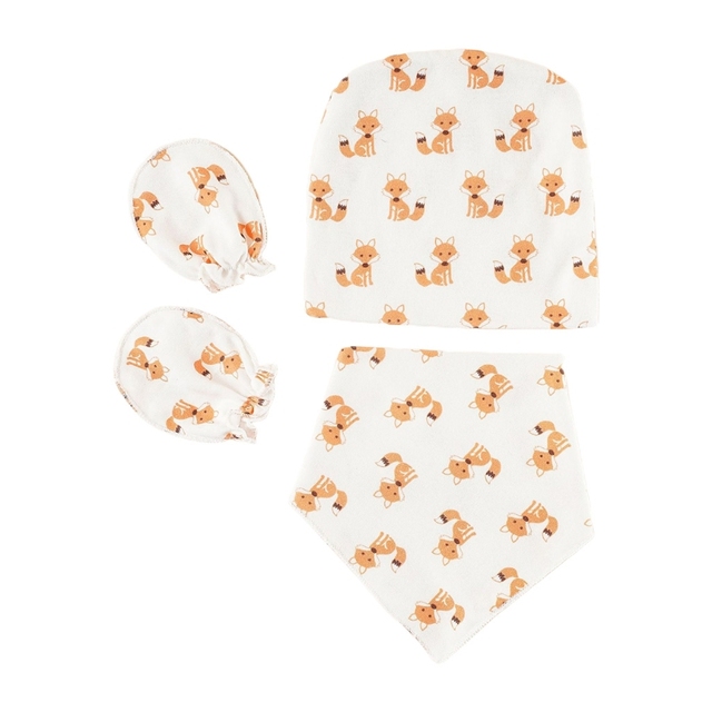 Animal Print Baby Gloves Hat Bib Set Soft Mittens Beanie Cap Nightcap Burp Cloth Saliva Towel Kit for Infant