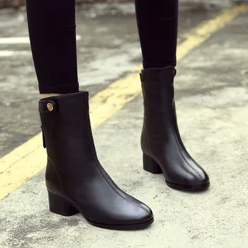 

Leather boots 2019 autumn wild thick with short boots with cotton shoes women's winter plus velvet ladies boots leather