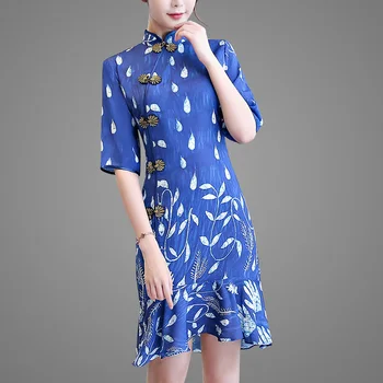 

2020 Summer Chinese Traditional Women Short Sleeve Qipao Elegant Chiffon Cheongsam Plus Size Lady China Dress Party Qipao Short