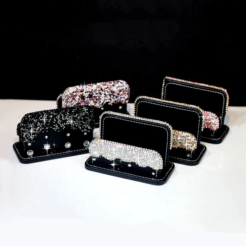 

New Leather Diamond Business Card Holder Desktop Shelf Box Storage Display Stand Women Office Decoration Credit Case Gifts