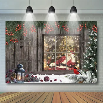 

Santa Claus Backdrop Santa behind the window Backdrop Wood House Family party Snowfield Scence Background Photobooth