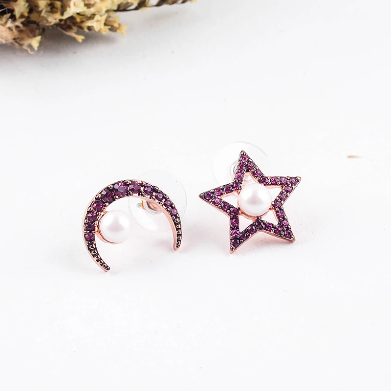 Изысканные фиолетовые черные кристаллы Луна и звезда имитация жемчуга Серьги гвоздики для женщин Подарки модные ювелирные изделия