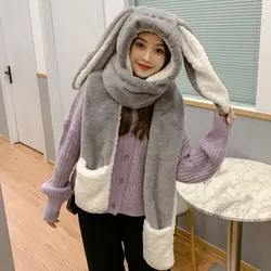 Fashion Rabbit Hat long Ears Scarf Hat Glove 3 Piece Women Big Ear Bunny Winter Warm Soft Plush Thickening Pocket Cap Hooded