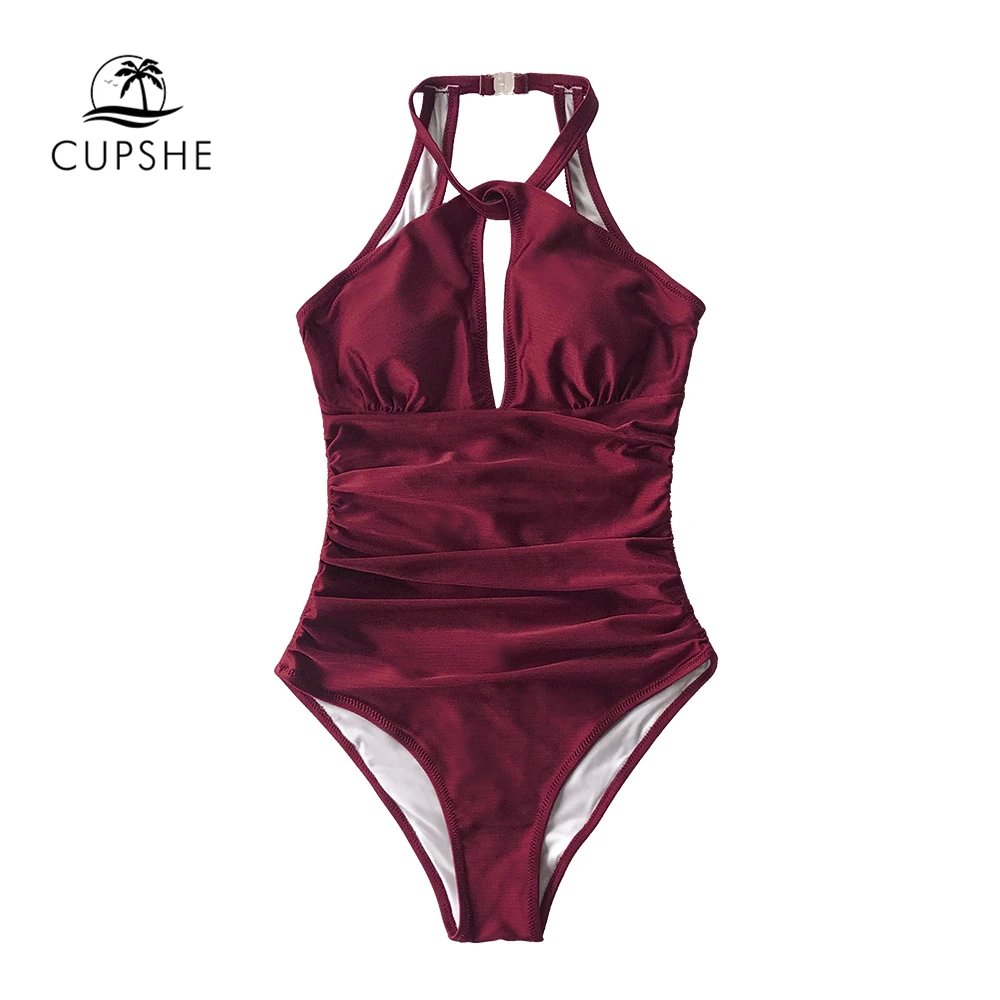 CUPSHE, сплошной, красный, с вырезами, гофрированный, Цельный купальник, сексуальный, открытая спина, мягкий, Женский Монокини,, для девушек, пляжные купальники, купальники