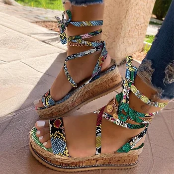 

Women Shoes Snake Print Sandals Platform Wedges Shoes Cross Strap Sandals Lace Up Peep Toe Ladies Shoes