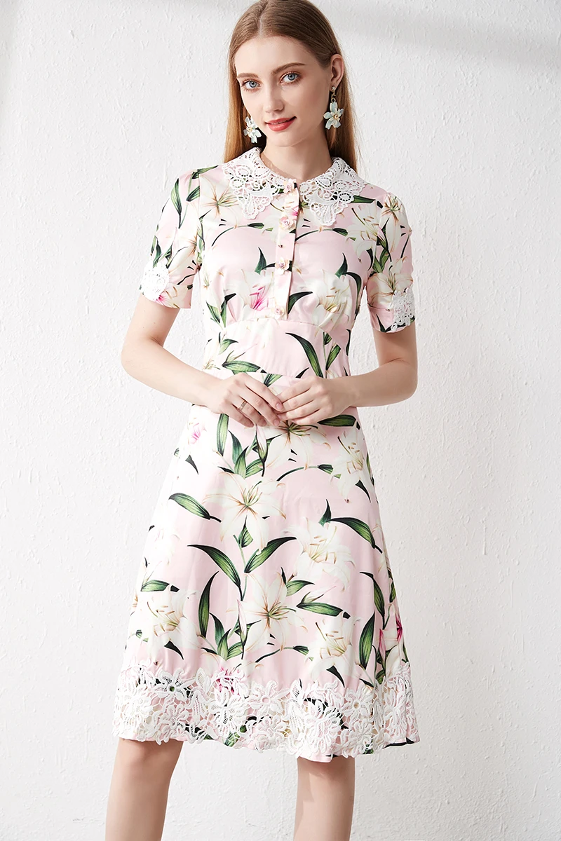 Summer Runway desigher dress High Quality Women Sweet Peter Pan Collar Elegant Chic Lace splice Floral Print Dresses