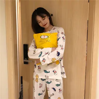 

Cartoon Print Ladies Leisure Comfortable Pajamas Suit 2019 Autumn Winter Girls Sleepwear Two-piece Set