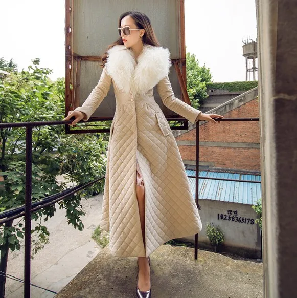 Beige X-long parkas Женская куртка модный большой меховой воротник а линия тонкое теплое пальто женская зимняя Макси хлопковая парка для женщин DS50951 - Цвет: Beige