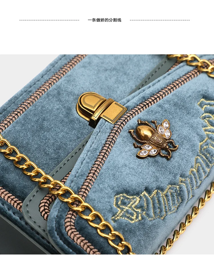 Black Blue Green Luxury Embroidered Velvet Handbag for Women Brand Gold Chain Shoulder Bags Female Small Bee Lock Cross body Bag (6)