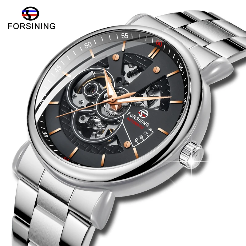 

Fashion Brand FORSINING Men Automatic Watches Silver Black Openwork Clock Luminous Hands Design Stainless Steel Wristwatches