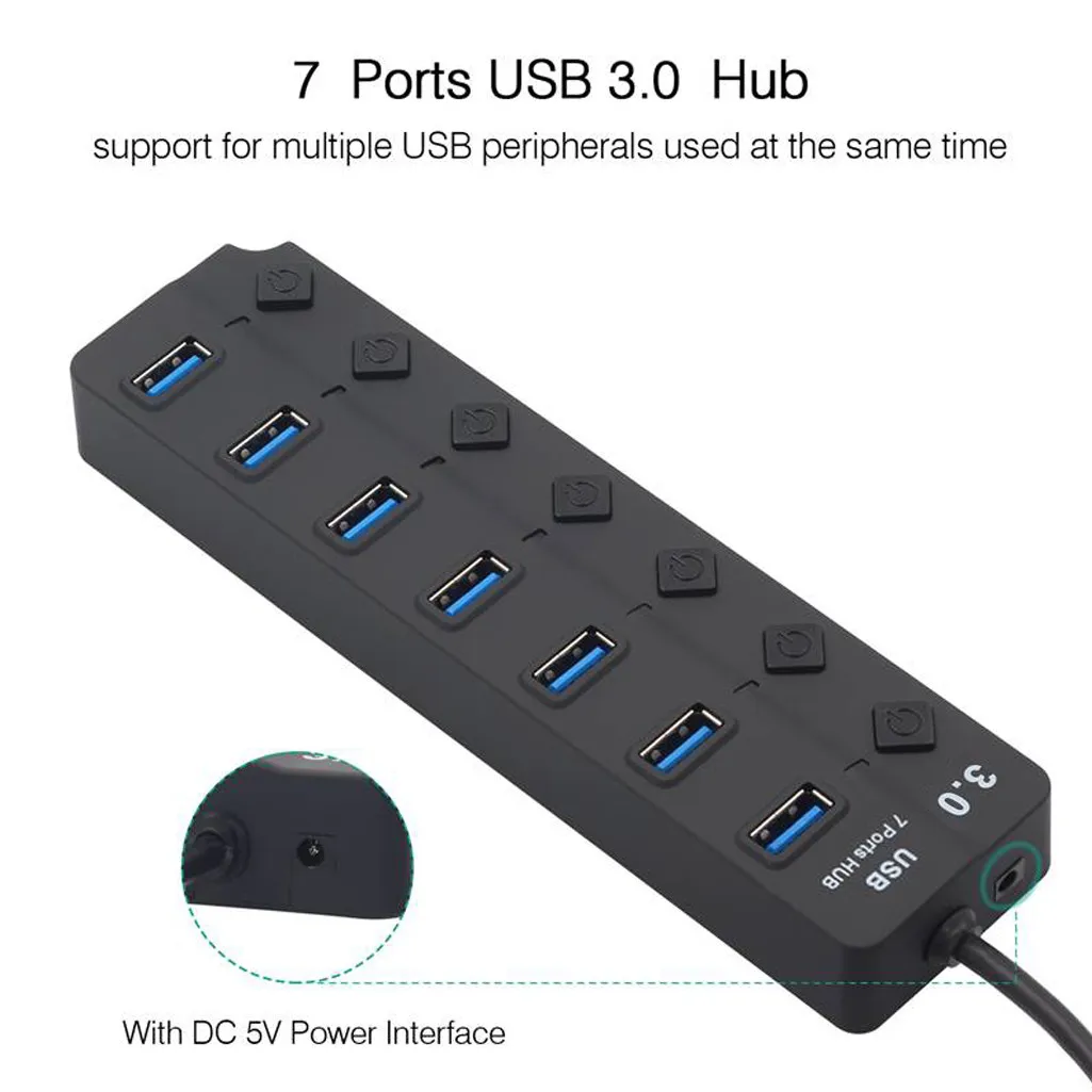 7 портов USB 3,0 концентратор 5 Гбит/с высокоскоростные Выключатели AC адаптер питания для ПК Z903